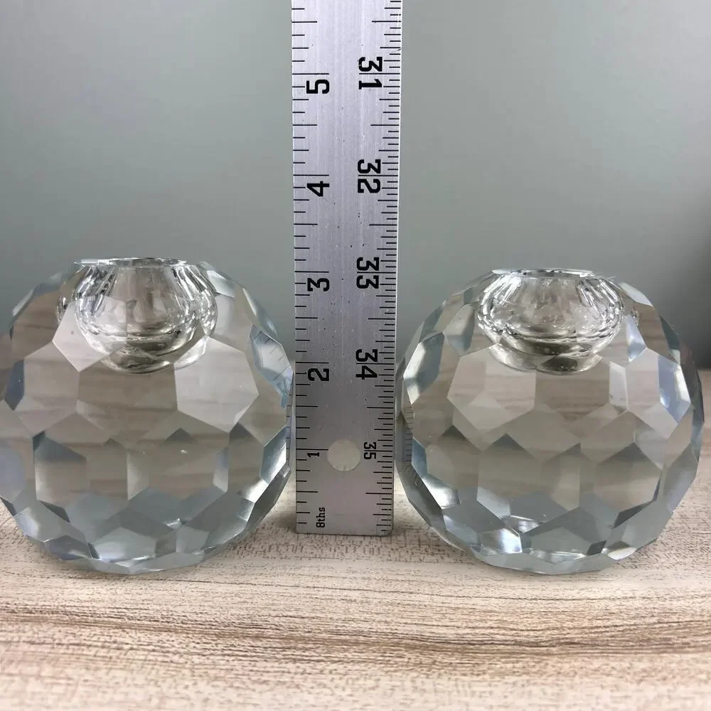 Vintage Faceted Spherical Glass Candlestick Holder Honeycomb Set of 2